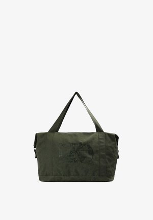 Bolsa de lona verde oscuro con dos asas y un globo impreso con texto tenue en la parte frontal, aislada sobre fondo blanco.