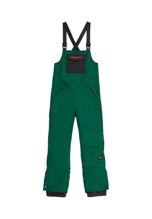 Groene skibroek met verstelbare zwarte banden, voorzak en met rits gesloten zijzakken. Elastische manchetten bij de enkels en gewatteerd materiaal.