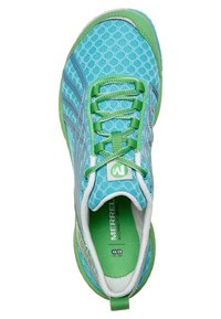 Zapatilla deportiva en azul y verde con parte superior de malla, puntera redondeada, suela texturizada y sistema de cordones central. Logo mostrado en la lengüeta.