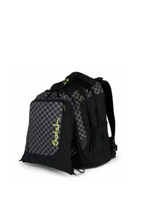 Black and gray checked backpack with adjustable straps, multiple compartments, a carrying handle, and bright green accents on branding.