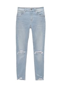 Ljusblå skinny jeans i denim med slitningar vid knäna och subtila blekningar. Har en klassisk femficksdesign och bältesslingor.