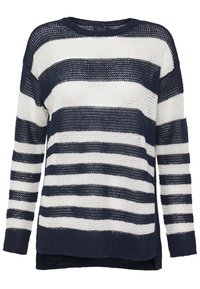 Navy and white striped knit sweater with a loose, open-weave texture, crew neckline, and slightly longer back hem.