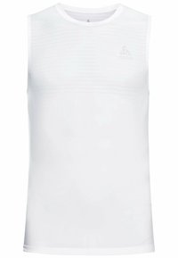 Haut de sport blanc sans manches en tissu léger, avec des détails de texture horizontale et un col arrondi. Logo en relief à l'avant.