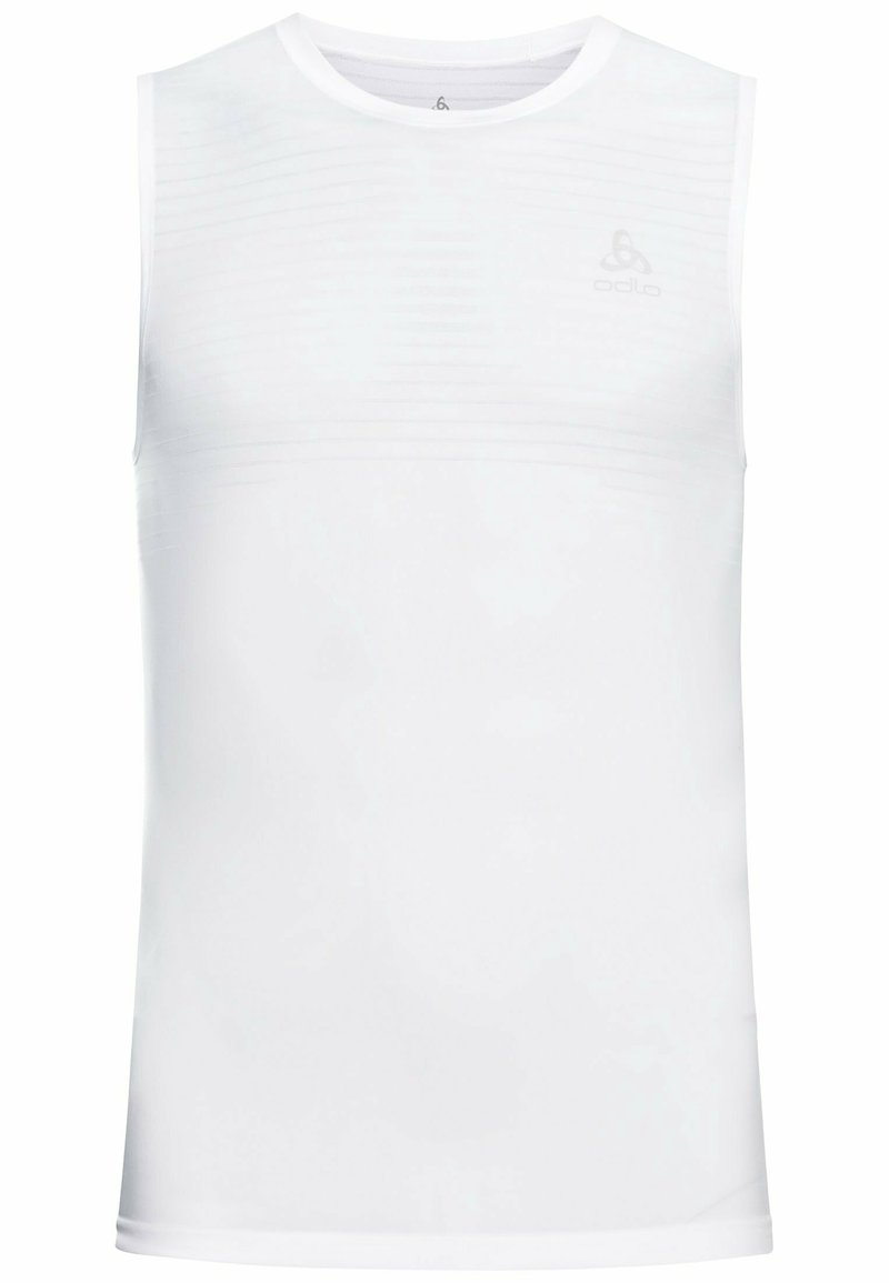 Haut de sport blanc sans manches en tissu léger, avec des détails de texture horizontale et un col arrondi. Logo en relief à l'avant.