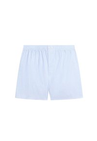 Světle modré bavlněné boxerky s vertikálními bílými pruhy, elastickým pasem, dvěma knoflíky a volným střihem.