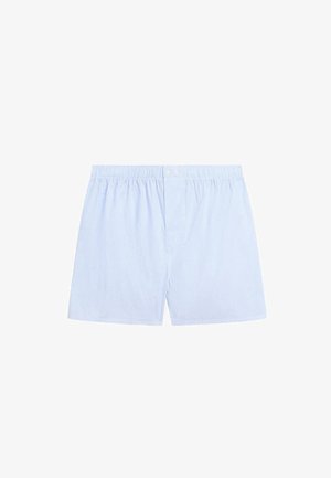 Lichtblauwe katoenen boxershorts met verticale witte strepen, elastische tailleband, twee knopen en een ontspannen pasvorm.