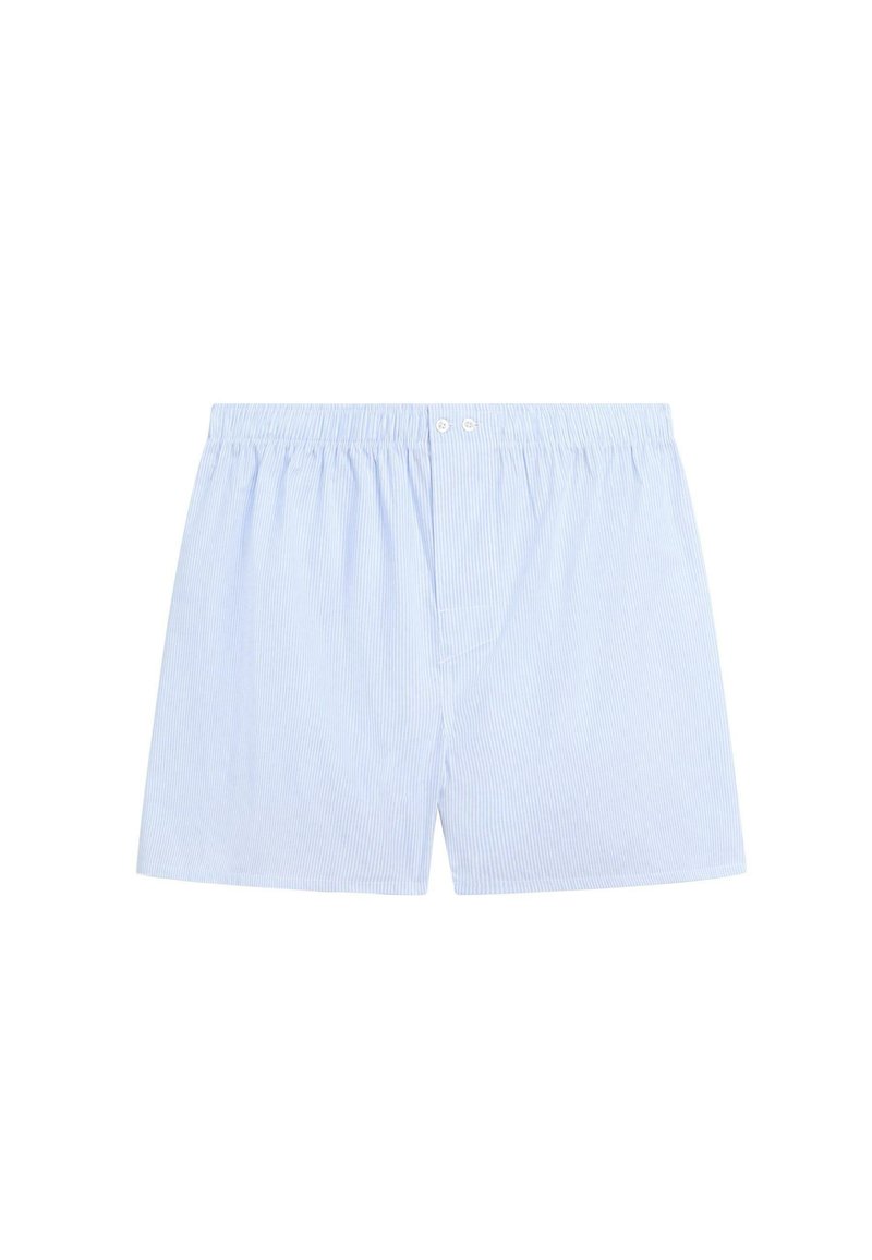 Světle modré bavlněné boxerky s vertikálními bílými pruhy, elastickým pasem, dvěma knoflíky a volným střihem.