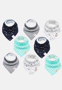 Set di otto bavaglini bandana in vari colori: blu navy con stelle, grigio con pois, bianco con stelle, verde menta con pois. Tessuto morbido.