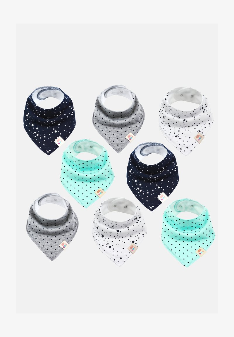 Ensemble de huit bavoirs bandana de différentes couleurs : bleu marine avec des étoiles, gris avec des pois, blanc avec des étoiles, vert menthe avec des pois. Tissu doux.
