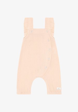 Hellbeige strukturierter Baby-Strampler mit breiten, gerafften Schulterriemen und einer Reihe blumenförmiger Knöpfe auf der Vorderseite.