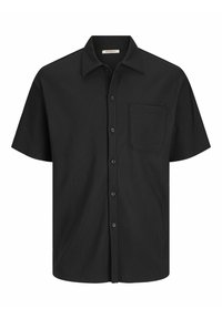 Black short-sleeve button-up shirt with a pointed collar and a single chest pocket, featuring a textured fabric and six front buttons.