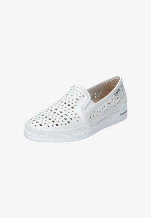 White slip-on shoes featuring cut-out triangular patterns, textured synthetic upper, padded interior, and a flexible rubber sole.