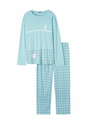 Haut bleu clair à manches longues avec un graphique de joueur de tennis et une ligne horizontale blanche, associé à un pantalon assorti présentant un motif en filet.