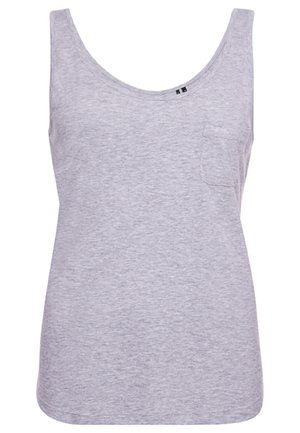 Lichtgrijs mouwloos hemd met ronde halslijn en een klein borstzakje aan de linkerkant.