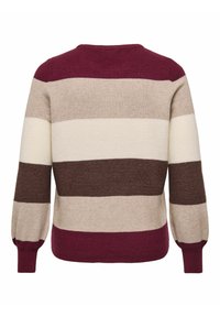 Langärmliger Strickpullover mit horizontalen Streifen in Burgunderrot, Beige, Creme und Braun, von hinten gezeigt.