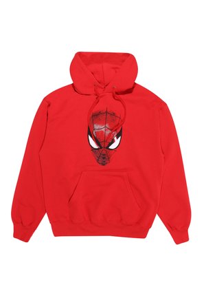 Red hoodie made of cotton, featuring a graphic of Spider-Man's face on the front, with a kangaroo pocket and drawstring hood.