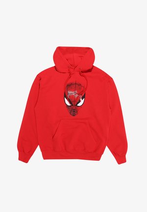 Rode hoodie van katoen, met aan de voorkant een afbeelding van het gezicht van Spider-Man, voorzien van een buidelzak en een capuchon met trekkoord.