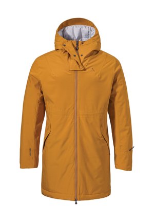Gelbe wasserdichte Jacke mit hohem Kragen, Frontreißverschluss, zwei seitlichen Taschen und verstellbarem Kapuze. Mit elastischen Bündchen und Logo auf dem Ärmel.