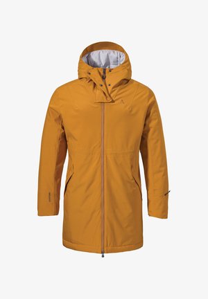 Gelbe wasserdichte Jacke mit hohem Kragen, Frontreißverschluss, zwei seitlichen Taschen und verstellbarem Kapuze. Mit elastischen Bündchen und Logo auf dem Ärmel.