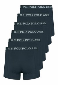 Komplet šestih temnoModrih bokseric, izdelanih iz mehkega blaga, z črnim pasom z belim logotipom "U.S. POLO ASSN."