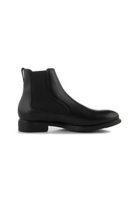 Boot Chelsea en cuir noir avec des panneaux latéraux élastiques et un petit talon empilé, montré de côté extérieur sur fond blanc.