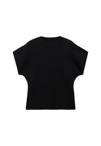 Top negro de punto con una forma suelta y rectangular, que presenta mangas cortas y un escote redondo. La costura trasera corre de manera central a lo largo de la espalda.