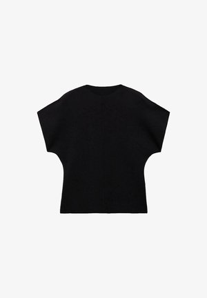 Top negro de punto con una forma suelta y rectangular, que presenta mangas cortas y un escote redondo. La costura trasera corre de manera central a lo largo de la espalda.