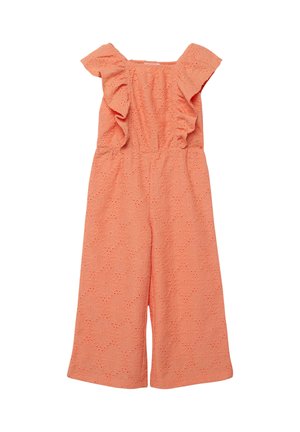 Koralowy kombinezon z szerokimi nogawkami, ozdobiony kwiatowym wzorem z ażurowymi oczkami, z falbaniastymi krótkimi rękawami, kwadratowym dekoltem i elastycznym paskiem w talii.