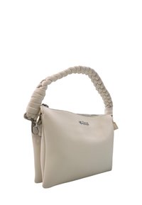 Borsa a tracolla in pelle beige con manico intrecciato, chiusura con zip e sottile dettaglio del logo. Tessuto liscio con forma strutturata e doppio scomparto.