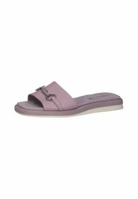 Sandale à glissière en cuir rose doux avec une large bande, dotée d'un accent métallique et d'une semelle intérieure rembourrée sur une semelle blanche.