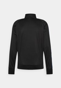 Giacca sportiva nera con colletto alto, realizzata in tessuto liscio. Presenta maniche lunghe, polsini a coste e un design posteriore semplice.