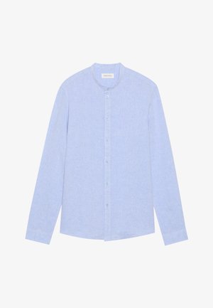 Light blue long-sleeve shirt with a band collar, button front, and textured fabric. Features light blue buttons and a straight hem.