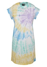 Sukienka t-shirt z tie-dye w kolorze białym, z pastelowymi odcieniami żółtego, zielonego, niebieskiego i fioletowego, o luźnym kroju i krótkich, podwiniętych rękawach. Wykonana z bawełny.