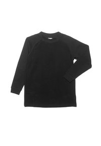 Zwarte langemouwen shirt met een ronde hals, raglanmouwen en ribgebreide manchetten. Gemaakt van zachte stof met een gladde textuur.