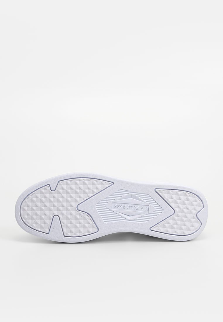 Semelle de sneaker blanche avec des motifs texturés en diamant et des lignes. Présente un logo au centre, conçue pour l'adhérence et la stabilité.
