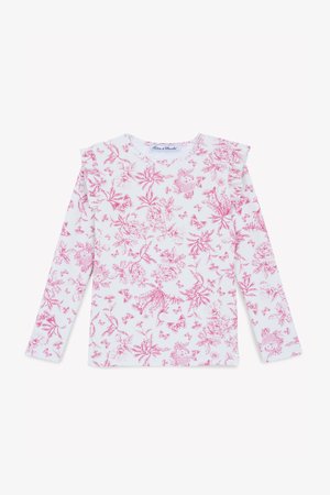 Top a maniche lunghe in tessuto leggero. Bianco con motivo floreale rosa e dettagli a farfalla. Presenta volant sulle spalle e un collo rotondo.