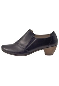 Scarpa nera in pelle con punta arrotondata, pannello laterale elastico e tacco impilato. Caratterizzata da una superficie liscia e un design elegante.