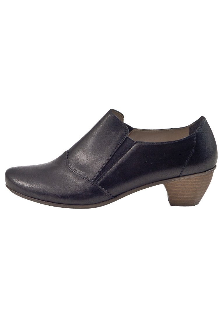 Scarpa nera in pelle con punta arrotondata, pannello laterale elastico e tacco impilato. Caratterizzata da una superficie liscia e un design elegante.