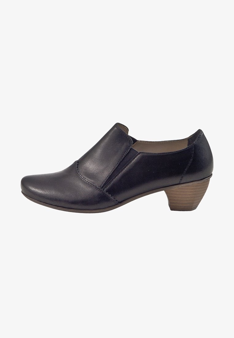 Schwarzer Lederschuh mit runder Zehenpartie, elastischer Seitenpaneel und einem gestapelten Absatz. Verfügt über eine glatte Textur und ein elegantes Design.