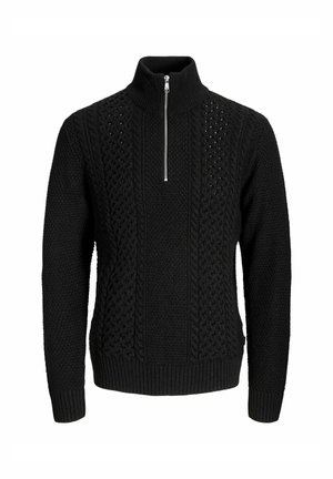 Mustakootud sviiter kõrge krae ja poolsiidiga. Tekstuuritud nöör- ja soonikmustritega kogu ulatuses. Mugav, keskmise raskusega kangas.