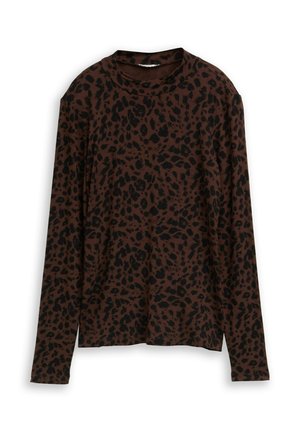 Braunes Langarmshirt mit einem schwarzen Leopardenmuster, featuring einem Rundhalsausschnitt und weichem, strukturiertem Stoff.