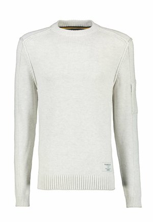 Pull gris clair à manches longues en maille avec poignets et ourlet côtelés, col rond, et une petite étiquette en tissu près de l'ourlet inférieur.
