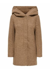 Bruine gewatteerde jas van textuurstof, met een voorrits en lange mouwen. Het design heeft een losse pasvorm en minimale accenten.