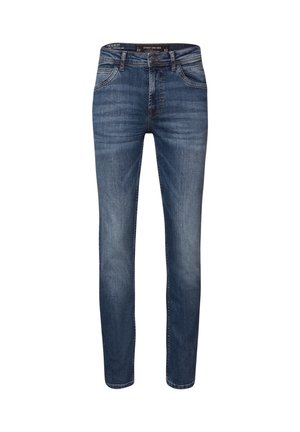 Slim-fit mannen blauwe denim jeans met voorzakken, knoopsluiting en vervagingdetails op de dijen en knieën.