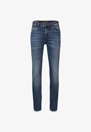 Slim-fit mannen blauwe denim jeans met voorzakken, knoopsluiting en vervagingdetails op de dijen en knieën.
