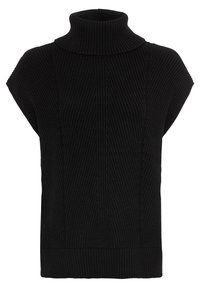 Svart ribbad ärmlös polo med vertikala mönster, har en hög krage och strukturerad stickning, fållen slutar vid midjan.