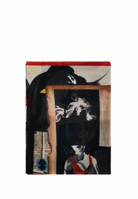 Multicolored silk scarf featuring abstract designs, geometric patterns, and varying textures; predominantly red, black, and cream colors.