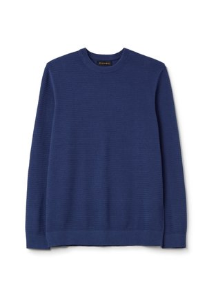Navy blue knitted sweater with a round crew neck, textured pattern, ribbed cuffs and hem, made from soft fabric suitable for casual wear.