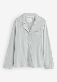 Ljusgrå pyjamasöverdel i mjukt material, med spetsskjorta, framficka och knappstängning samt vit piping längs kanterna.