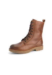 Bottines en cuir marron à lacets avec un bout rond, semelle contrastante beige, et œillets en métal. Comprend une languette à l'arrière pour un enfilage facile.